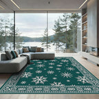 Teal White Snowflake Border Rug