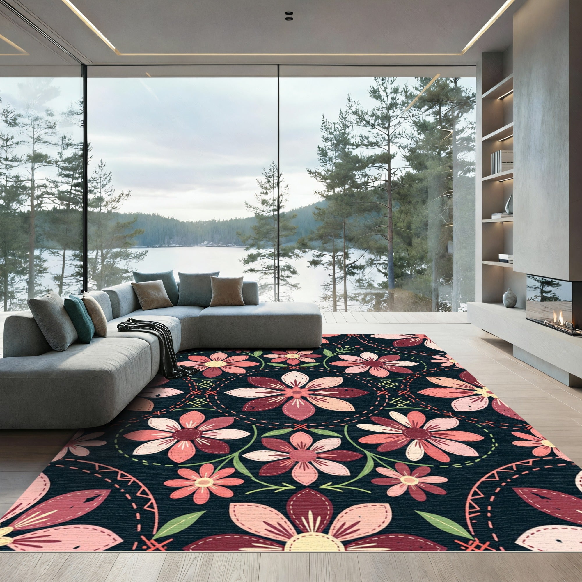 Dark Navy Blush Pink Floral Folk Rug