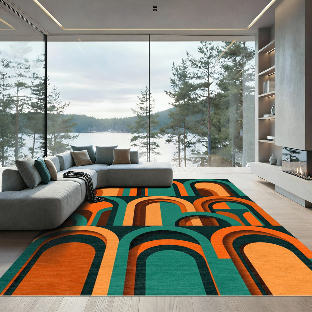 Mid Century Modern Orange Teal Arch Rug