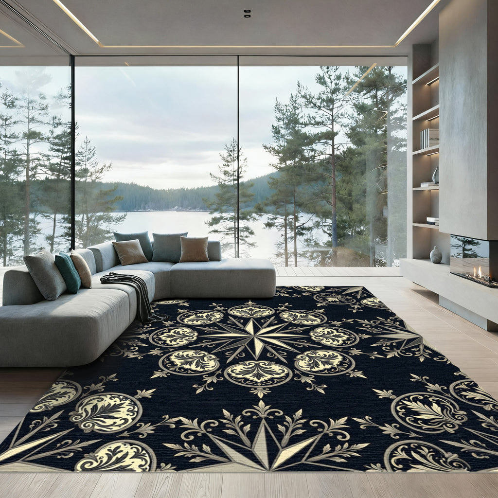Ornate Black and Gold Scroll Medallion Rug