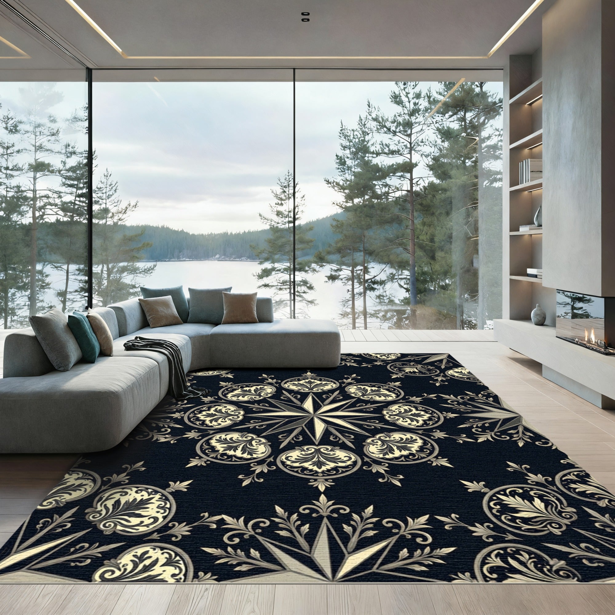 Ornate Black and Gold Scroll Medallion Rug