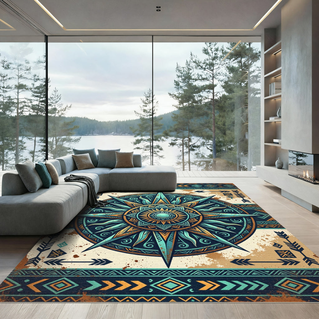 Teal and Gold Celestial Compass Art Rug