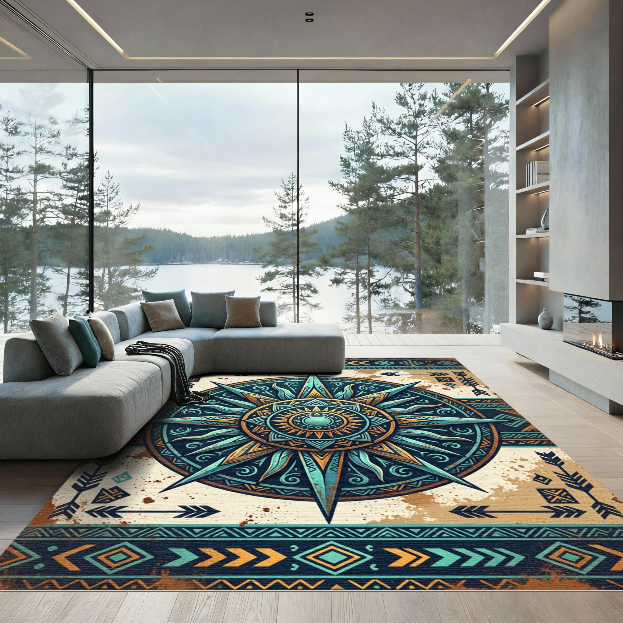 Teal and Gold Celestial Compass Art Rug