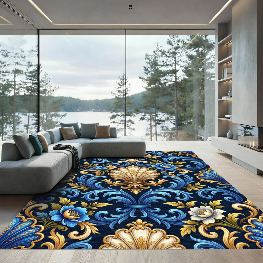 Blue Gold Floral Acanthus Scroll Rug