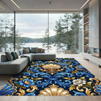 Blue Gold Floral Acanthus Scroll Rug