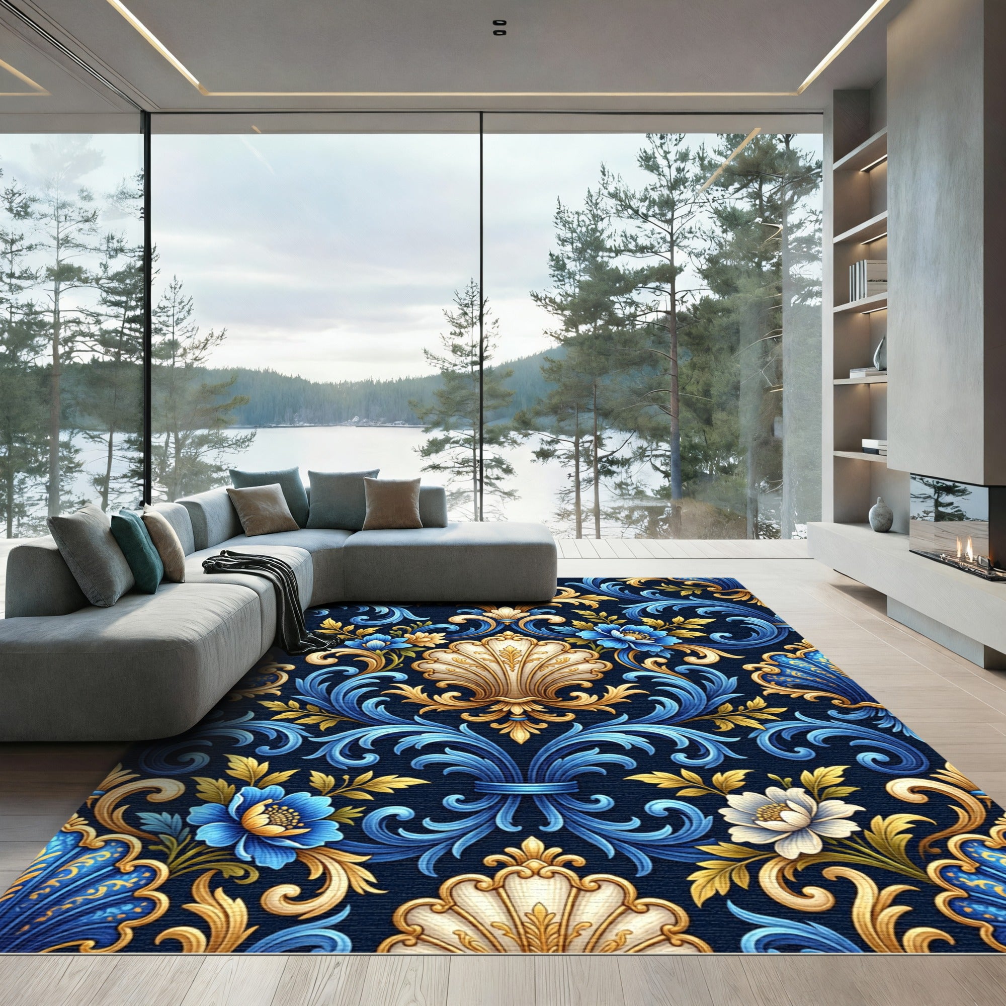 Blue Gold Floral Acanthus Scroll Rug