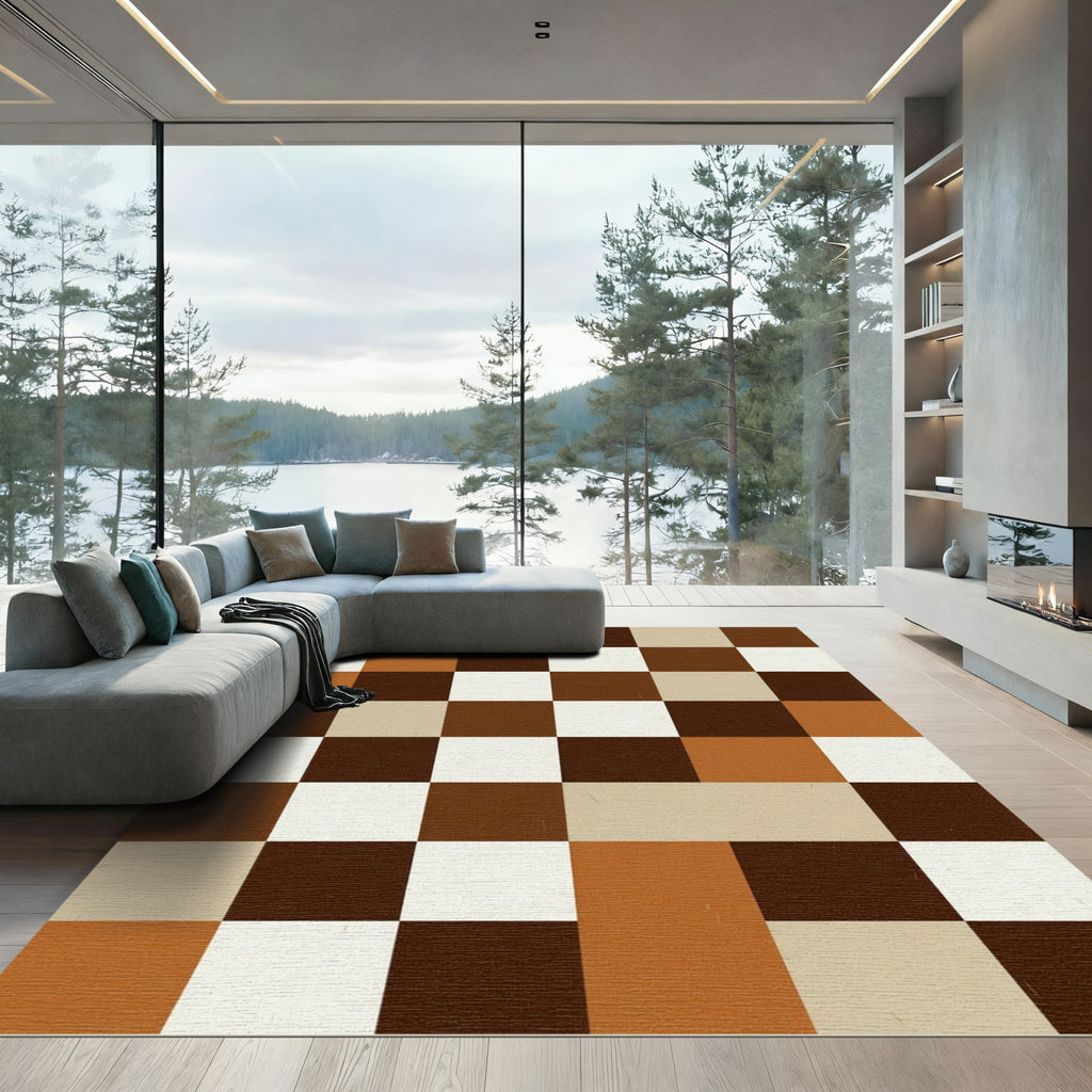 Terracotta Brown Squares Checkered Rug