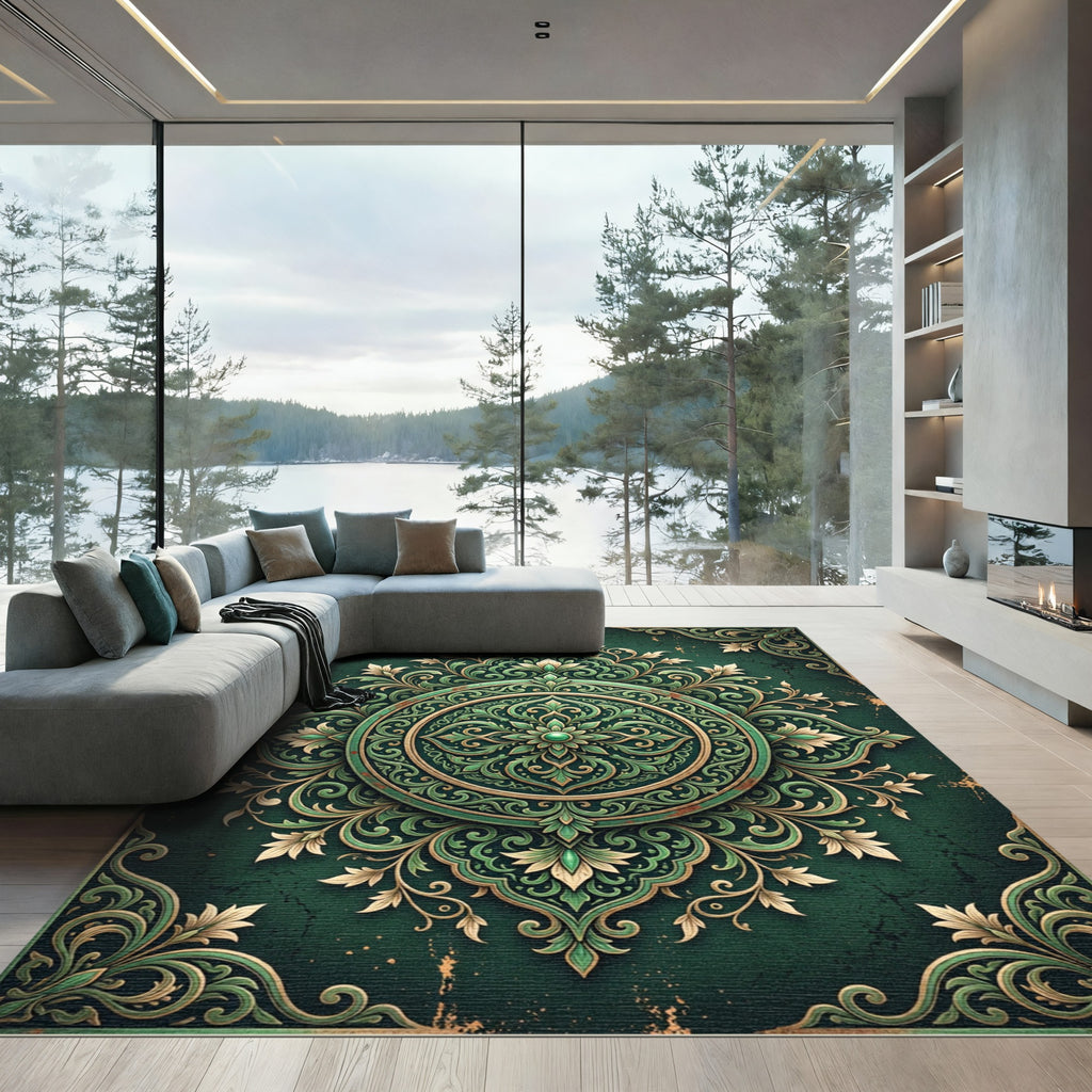 Elegant Emerald Ornate Floral Medallion Rug