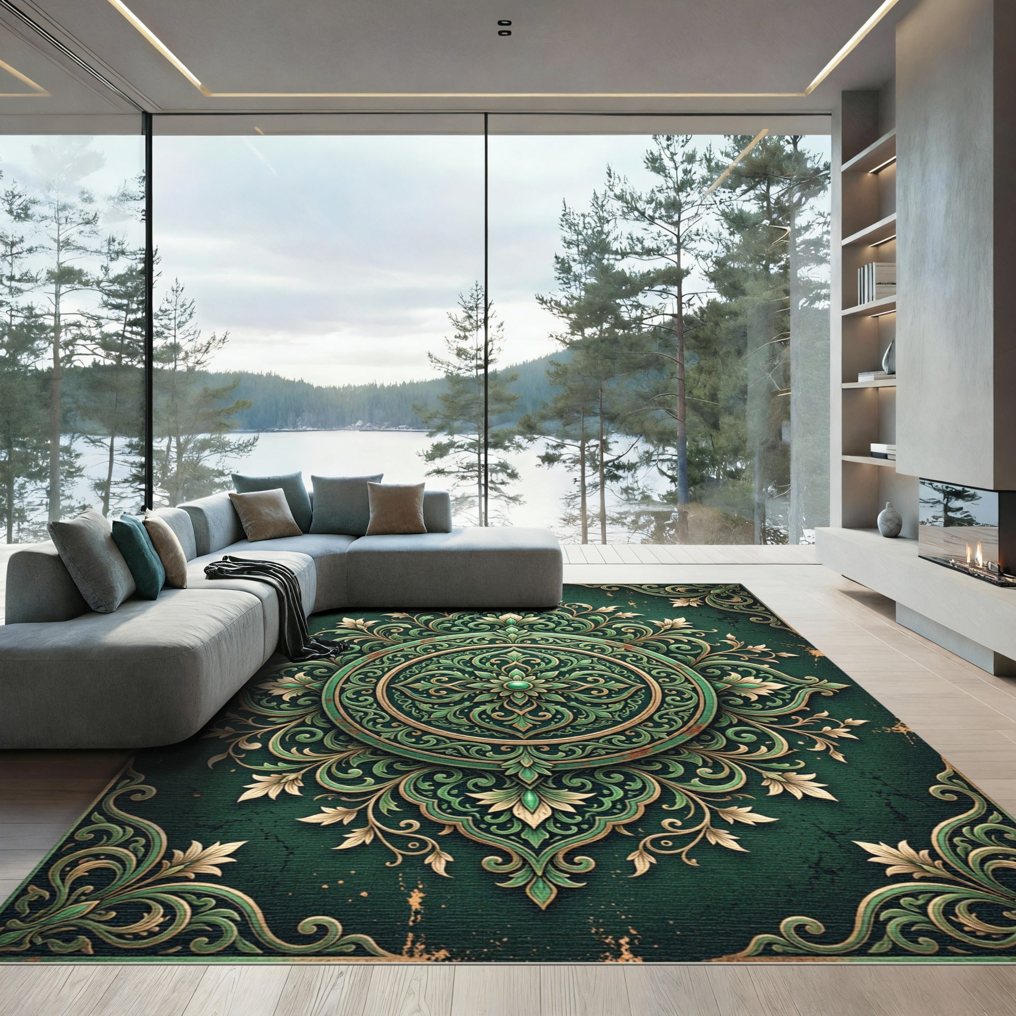 Elegant Emerald Ornate Floral Medallion Rug