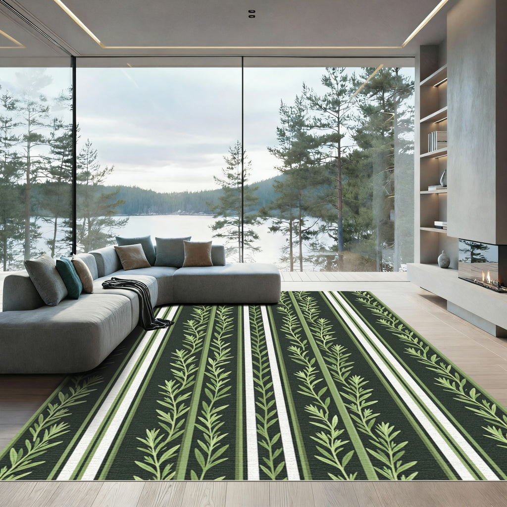 Earthy Green Botanical Striped Foliage Rug