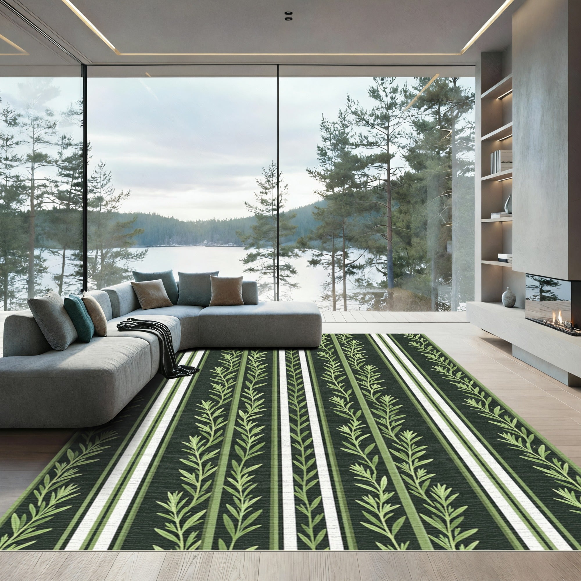 Earthy Green Botanical Striped Foliage Rug