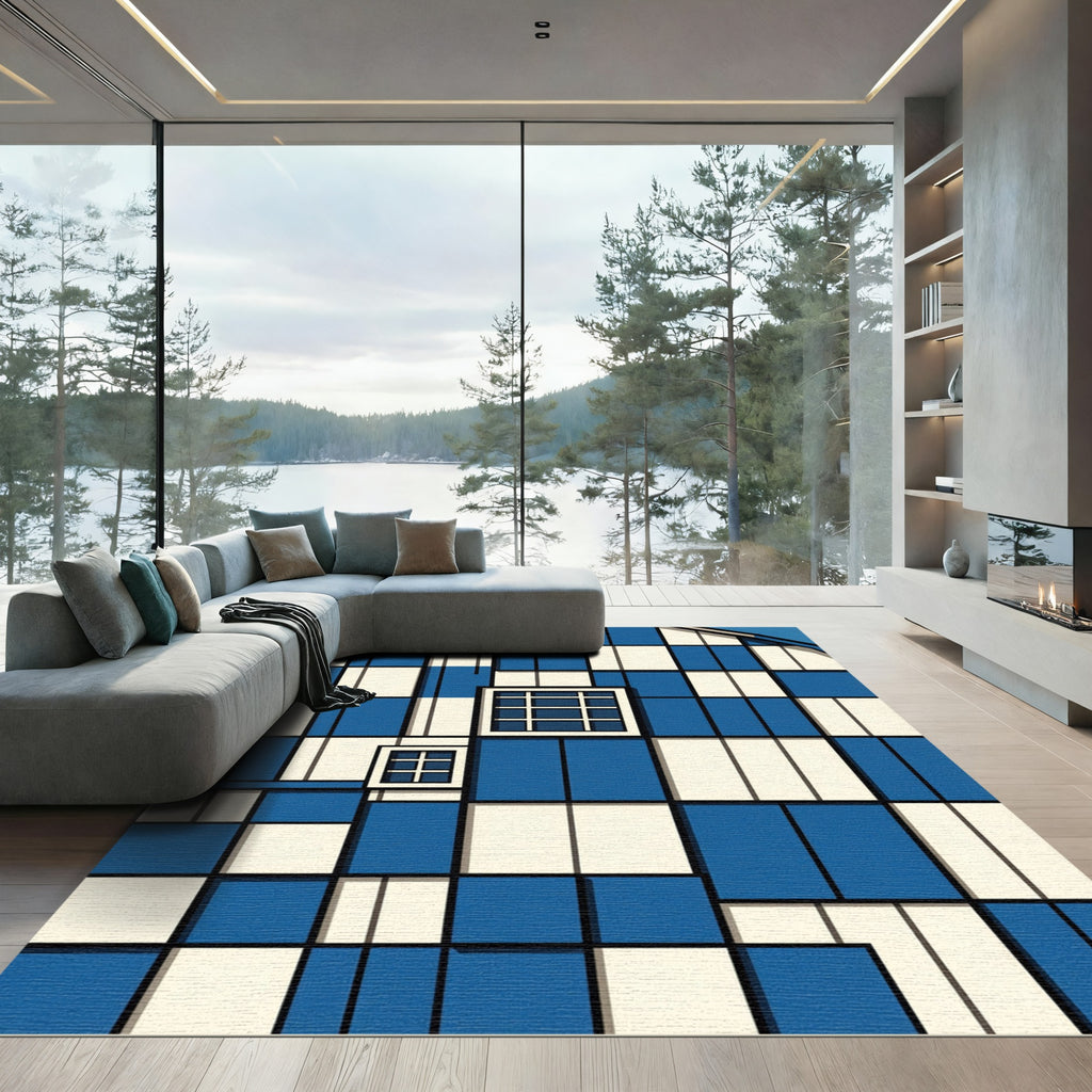 Blue Ivory Geometric Window Grid Rug