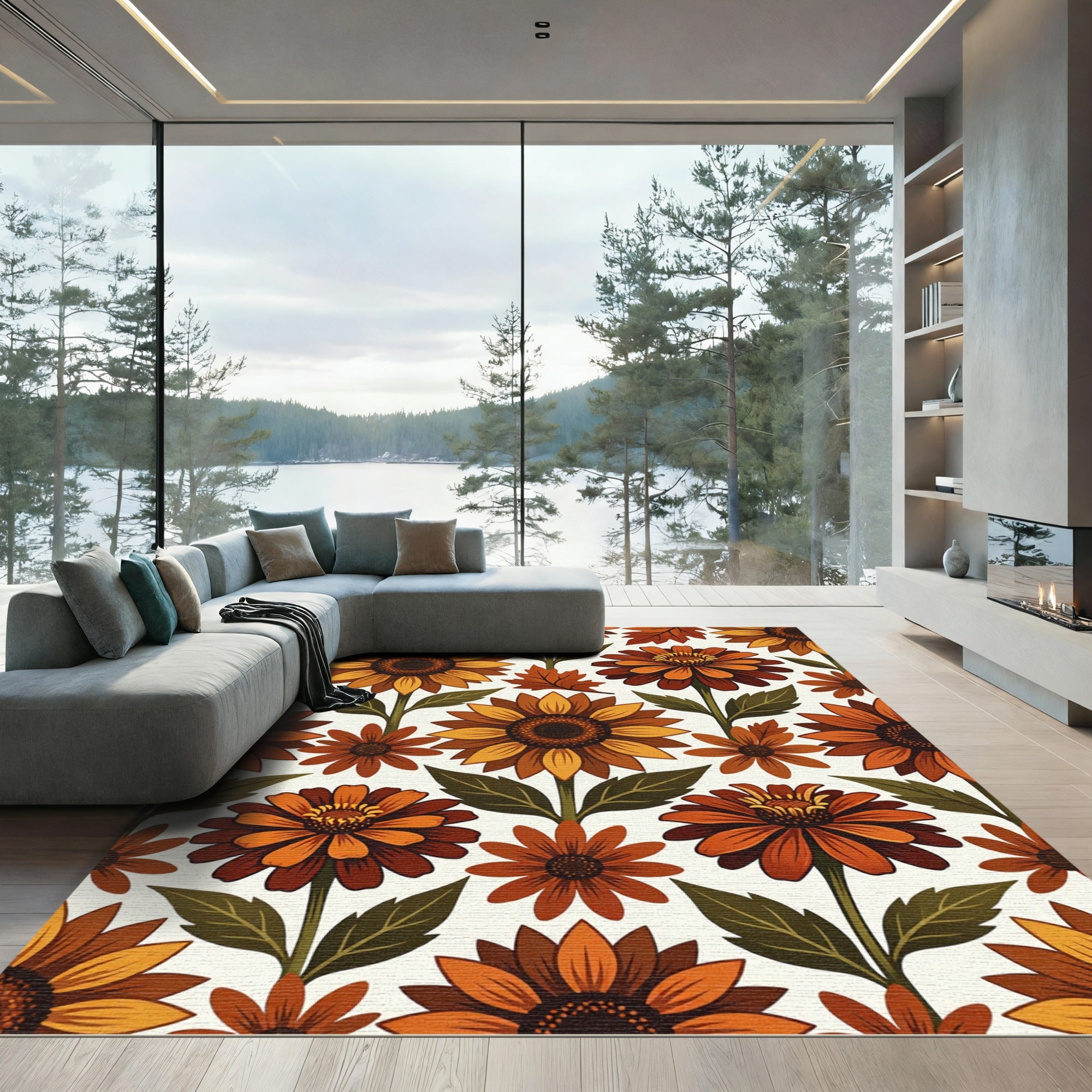 Warm Amber Floral Sunflower Collage Rug