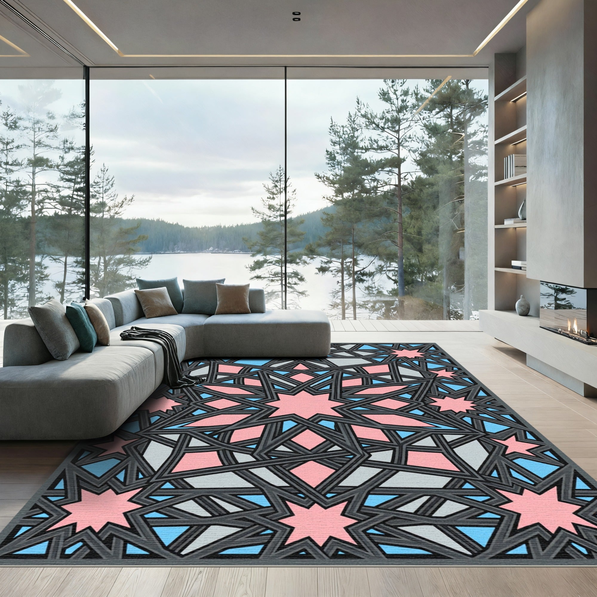 Pink Geometric Star Interlocking Tile Rug