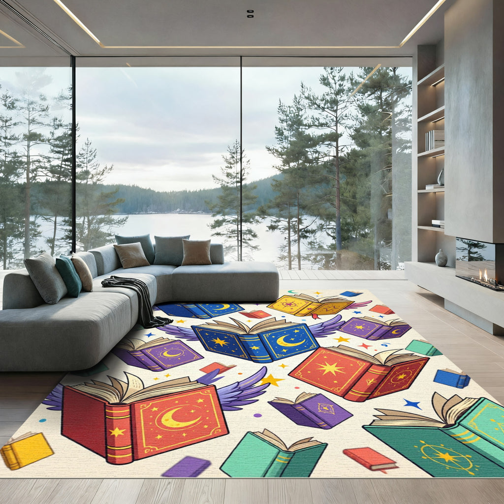 Whimsical Flying Book Sky Constellation Rug