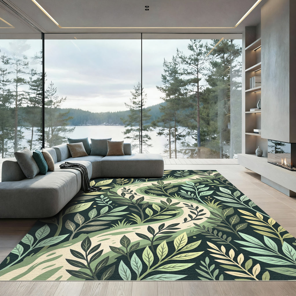 Lush Sage Green Winding Forest Path Rug