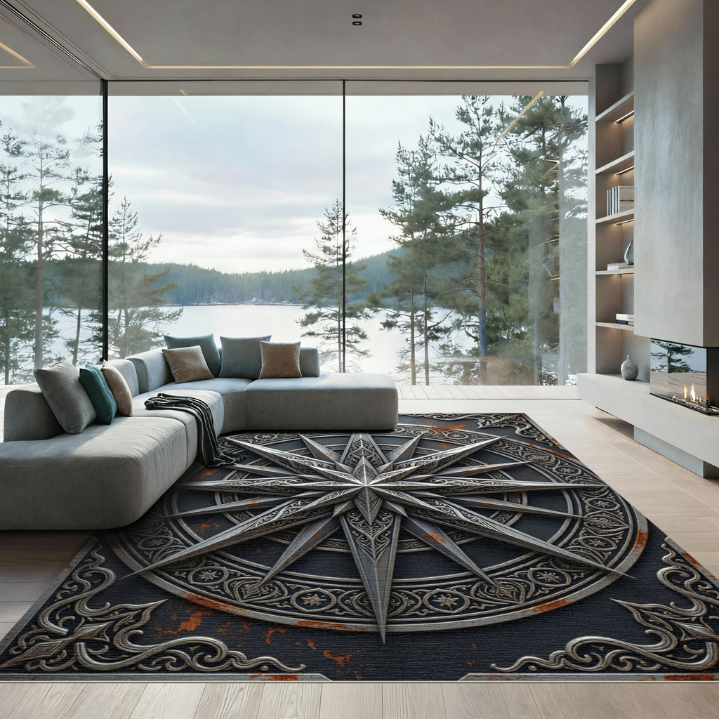 Ornate Metallic Silver Celestial Compass Rug