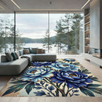 Bold Blue Peony Floral Cluster Rug