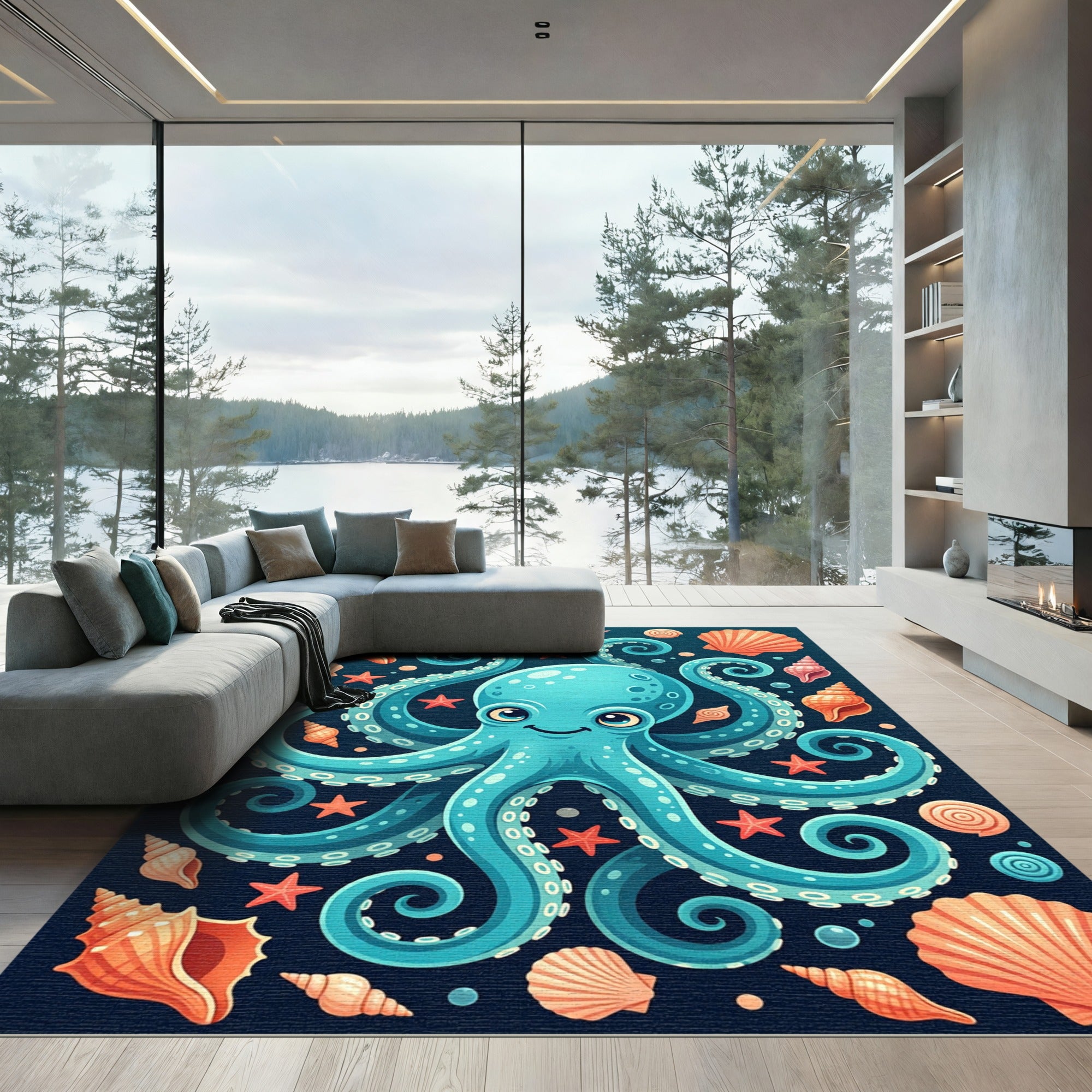 Whimsical Blue Octopus with Seashells Rug