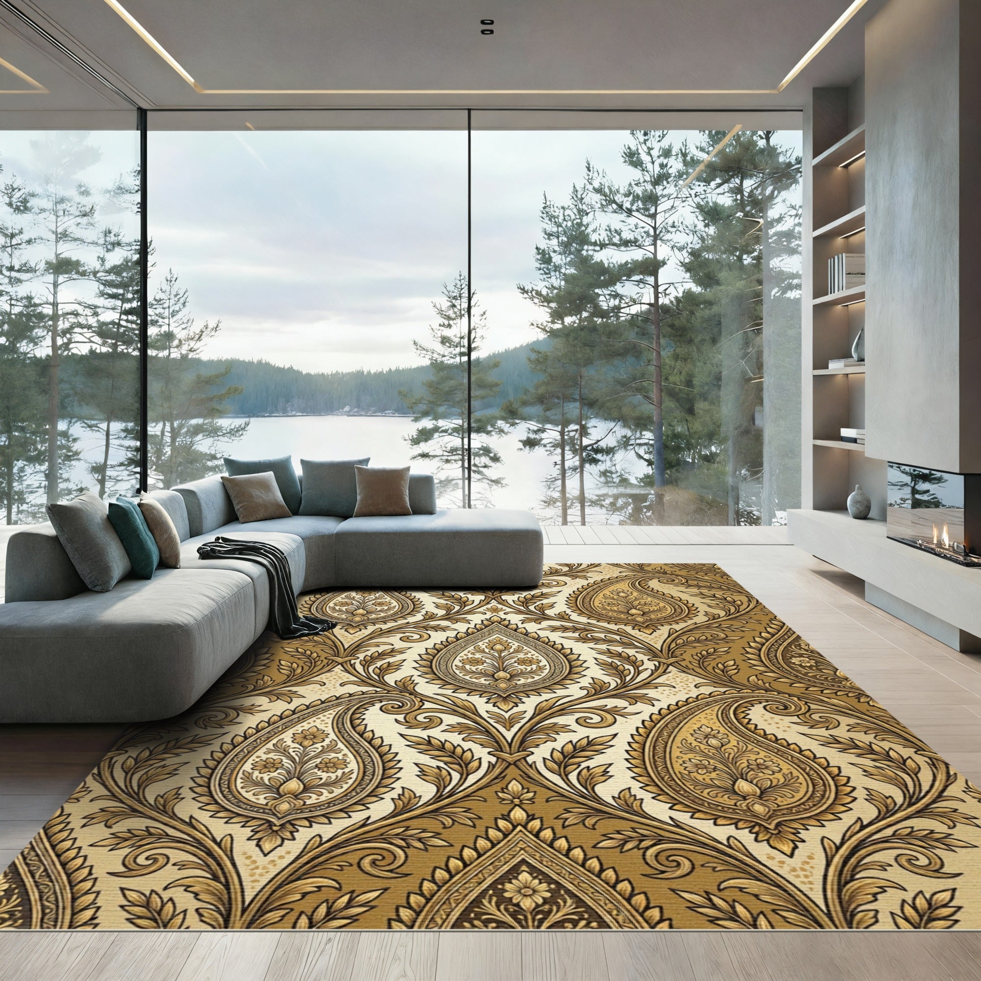 Gold Paisley Floral Damask Rug
