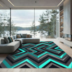 Modern Teal and Charcoal Geometric Chevron Rug