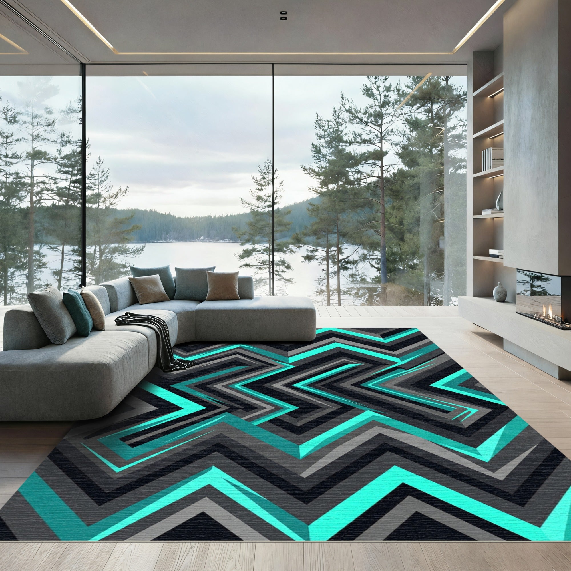 Modern Teal and Charcoal Geometric Chevron Rug
