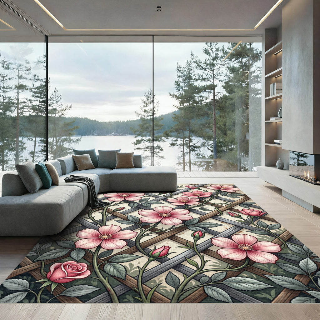 Pink Rose Trellis Lattice Garden Rug
