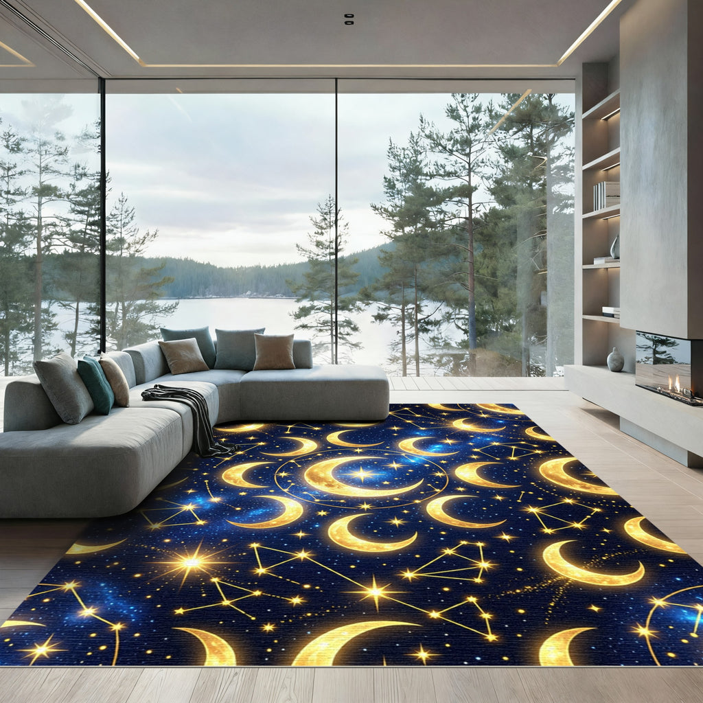 Golden Crescent Moon Celestial Starry Sky Rug