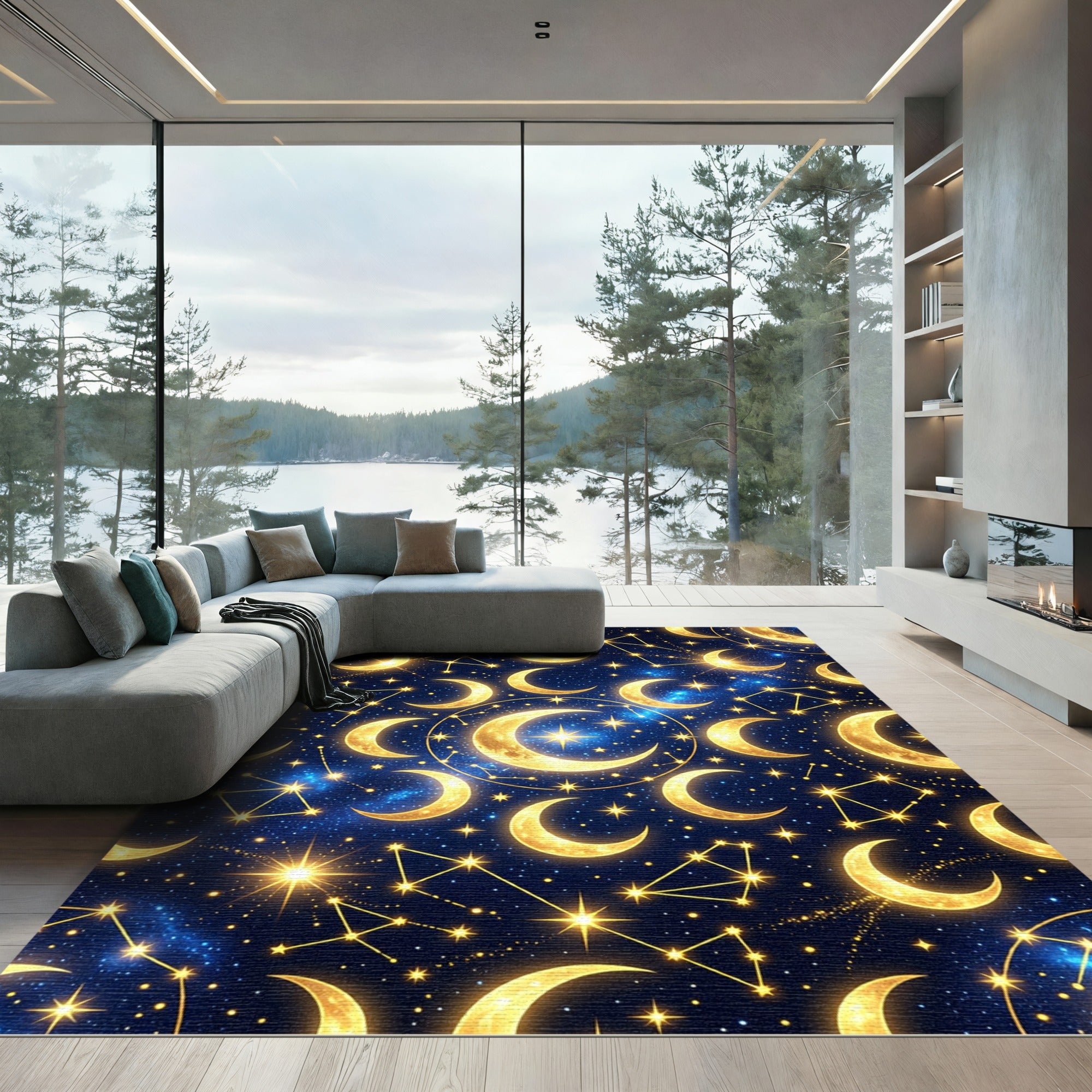 Golden Crescent Moon Celestial Starry Sky Rug