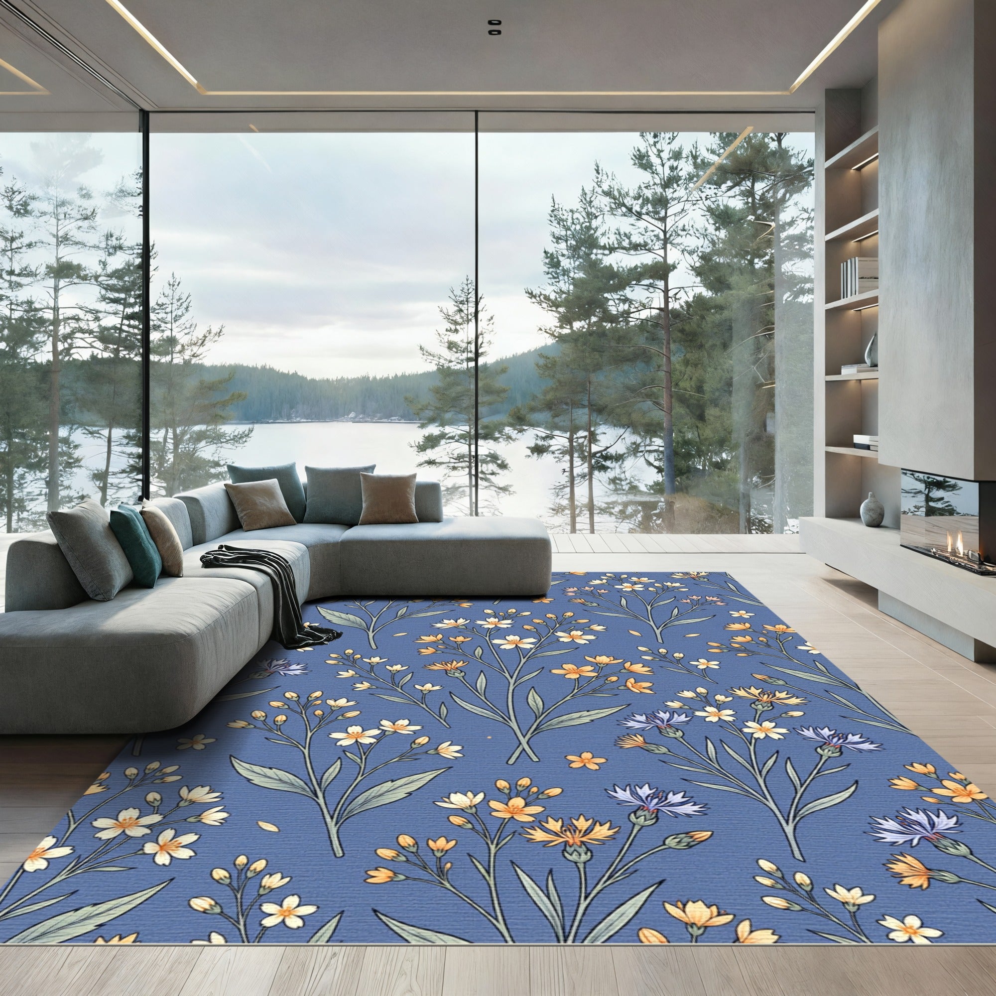 Delicate Blue Meadow Floral Sprigs Rug