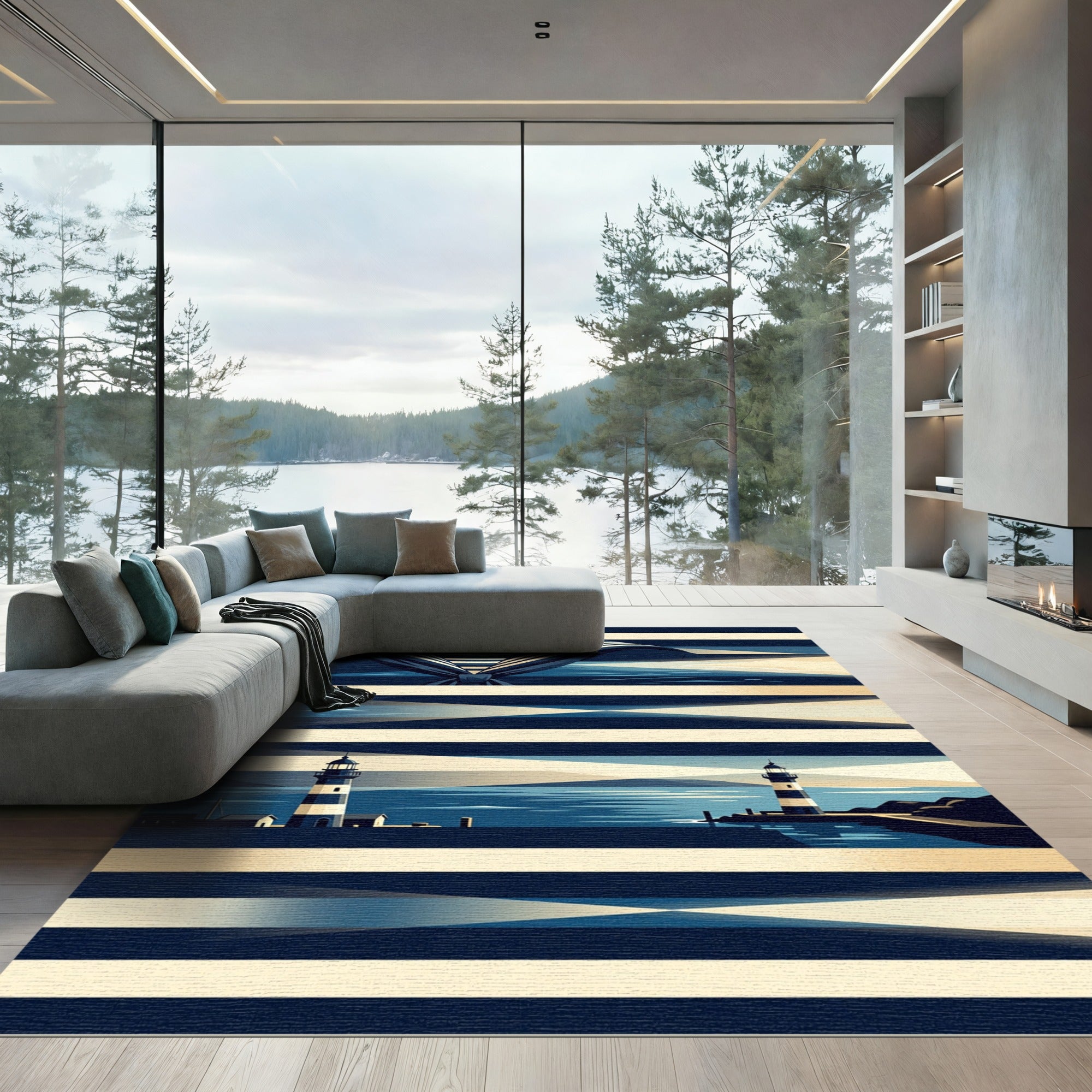 Nautical Navy Striped Lighthouse Coastal Artwork Rug