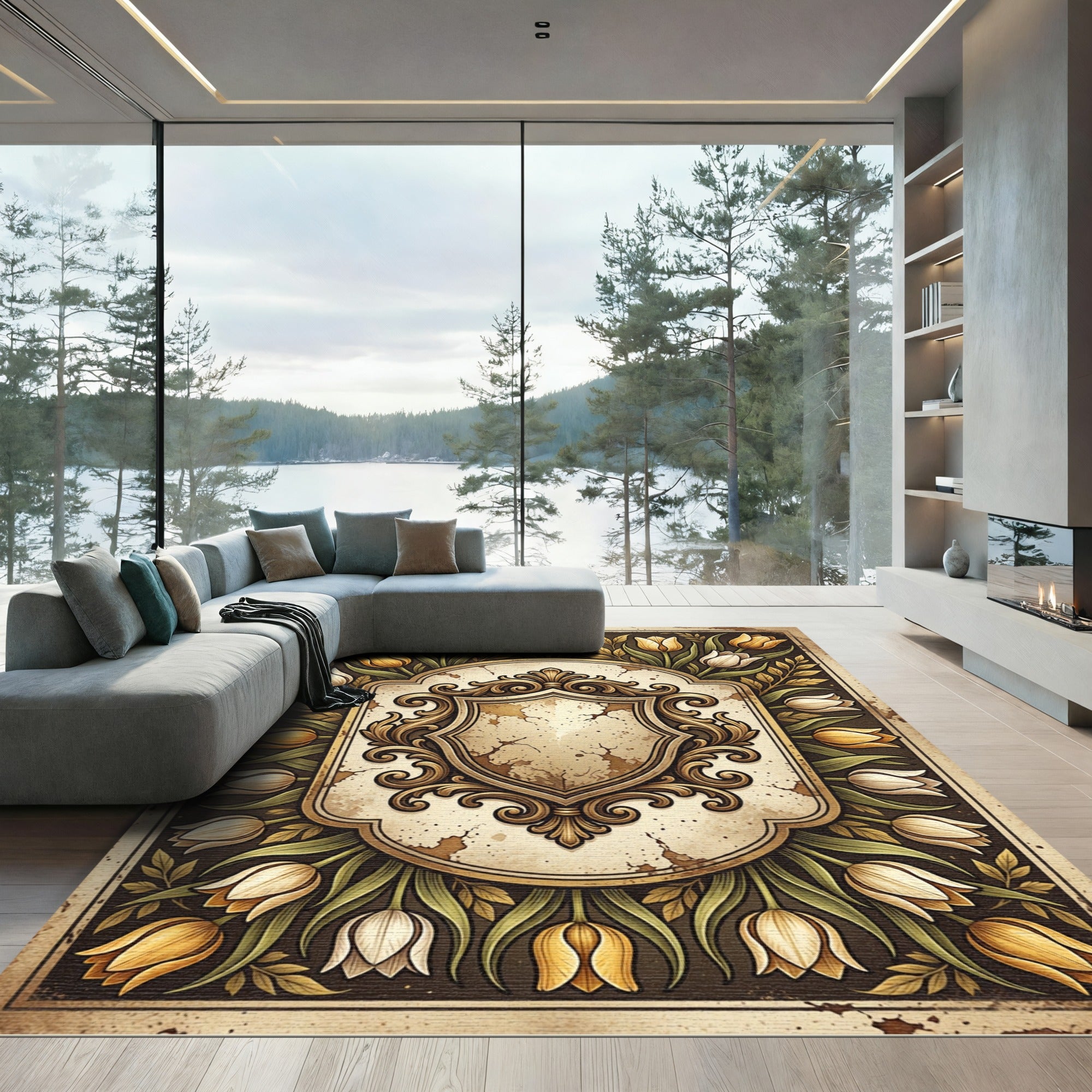Vintage Golden Tulip Baroque Crest Rug