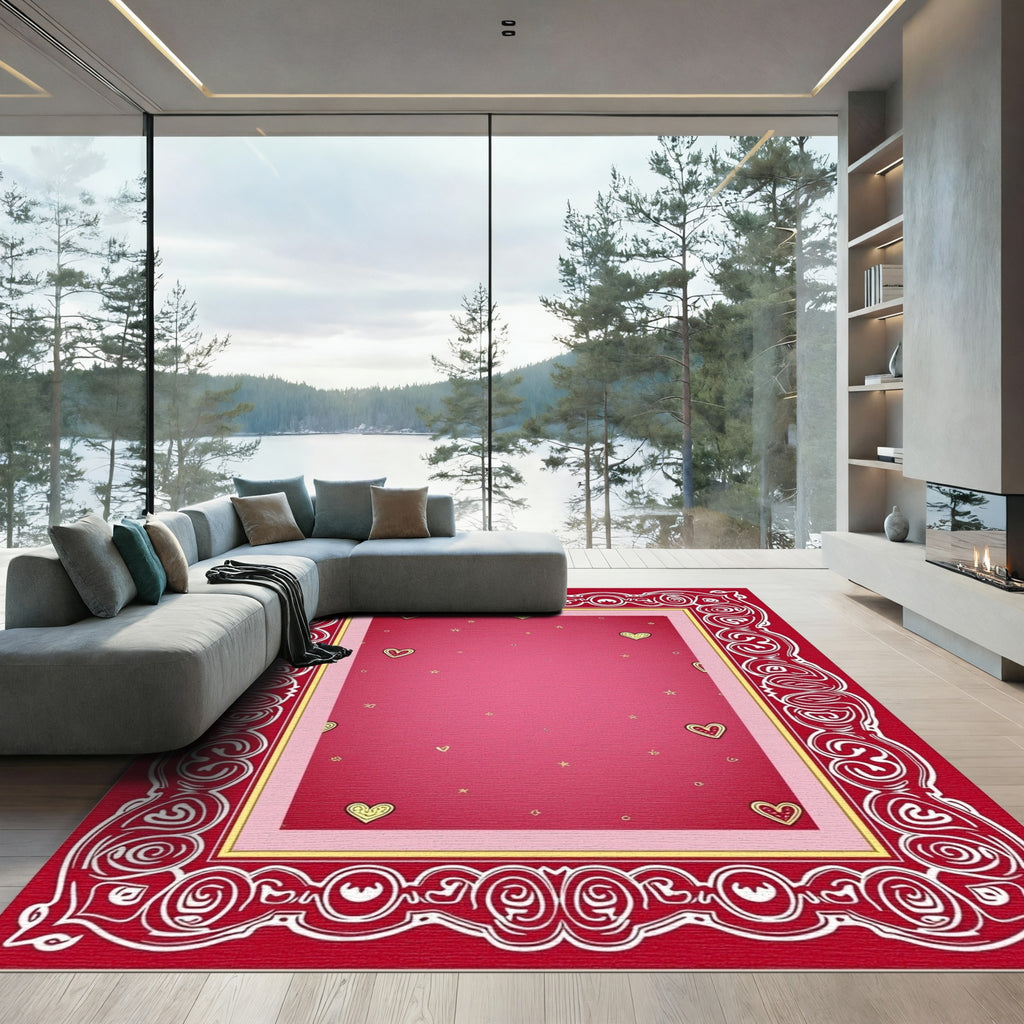 Red Cream Hearts With Gold Stars Rug