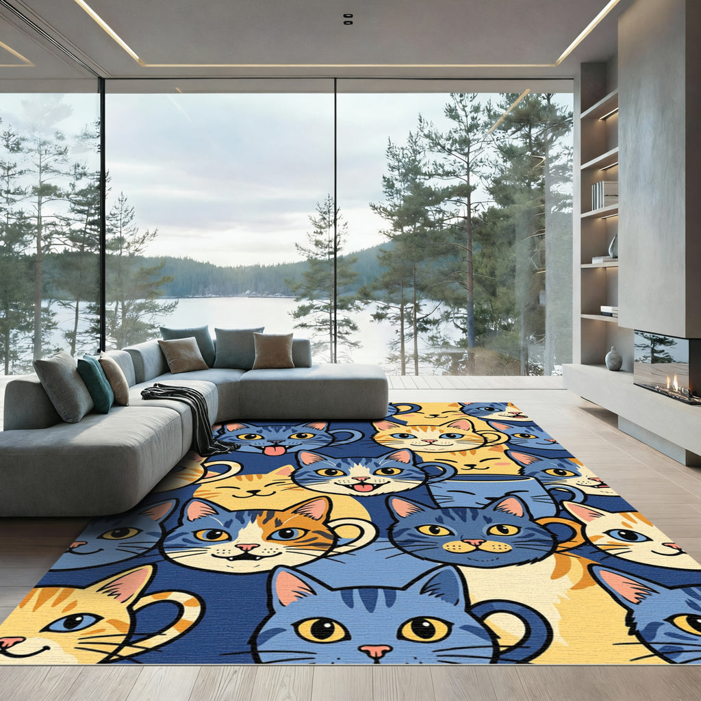 Playful Whimsical Blue and Golden Cat Rug