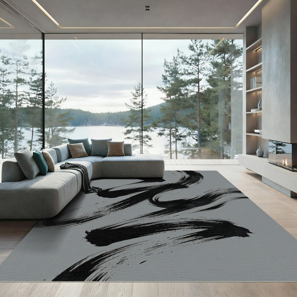 Minimalist Black Ink Zen Brushwork Rug