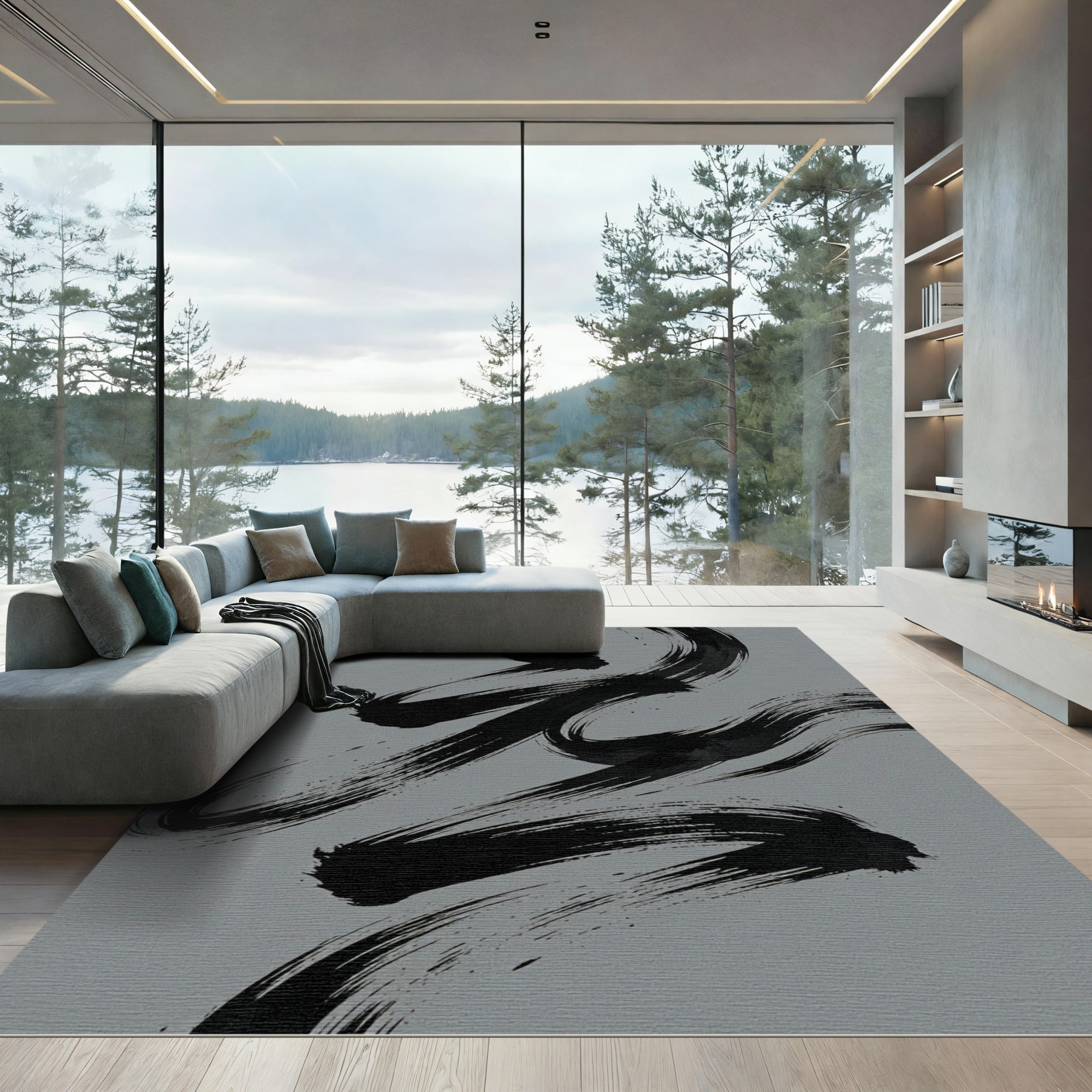 Minimalist Black Ink Zen Brushwork Rug