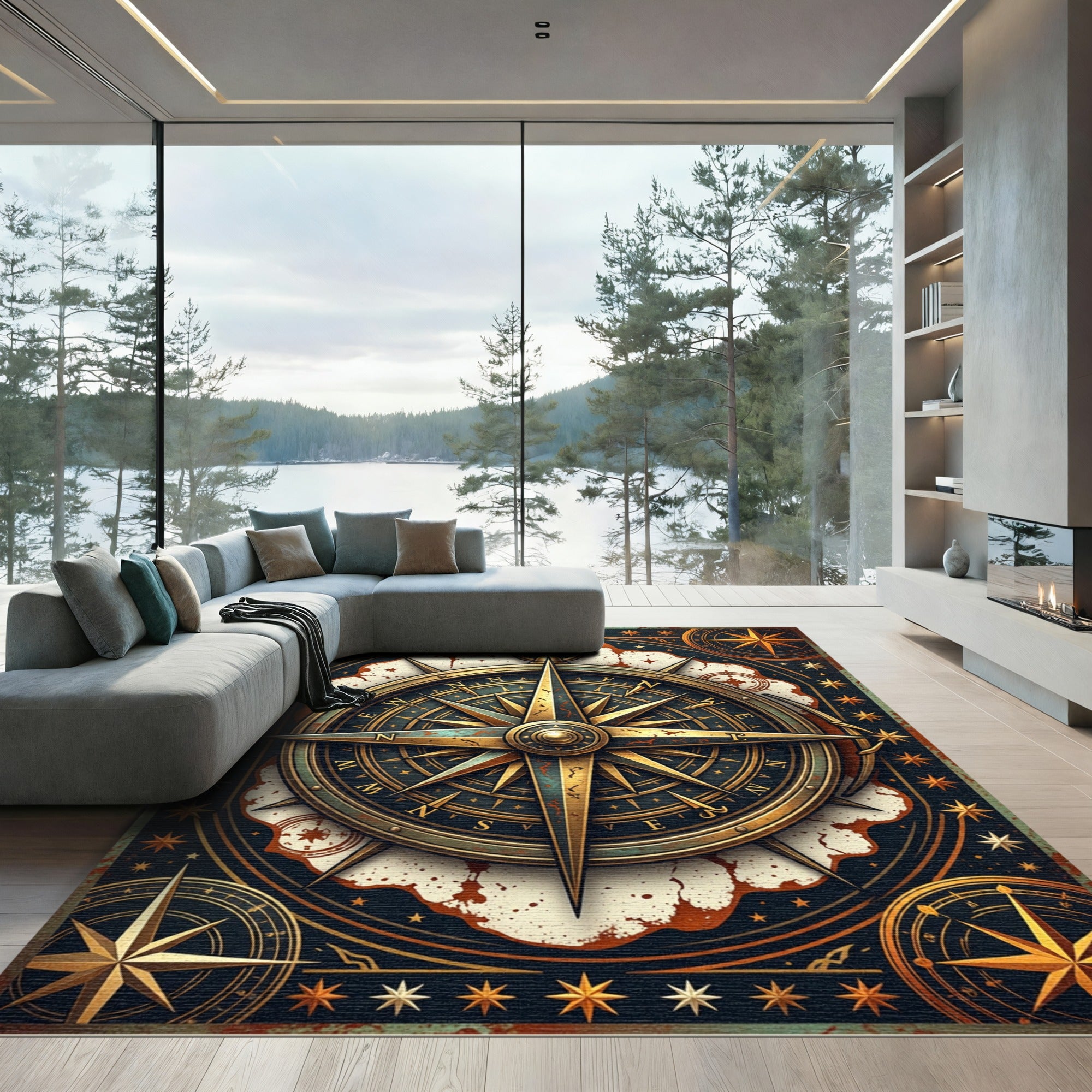 Vintage Golden Compass Nautical Star Map Rug
