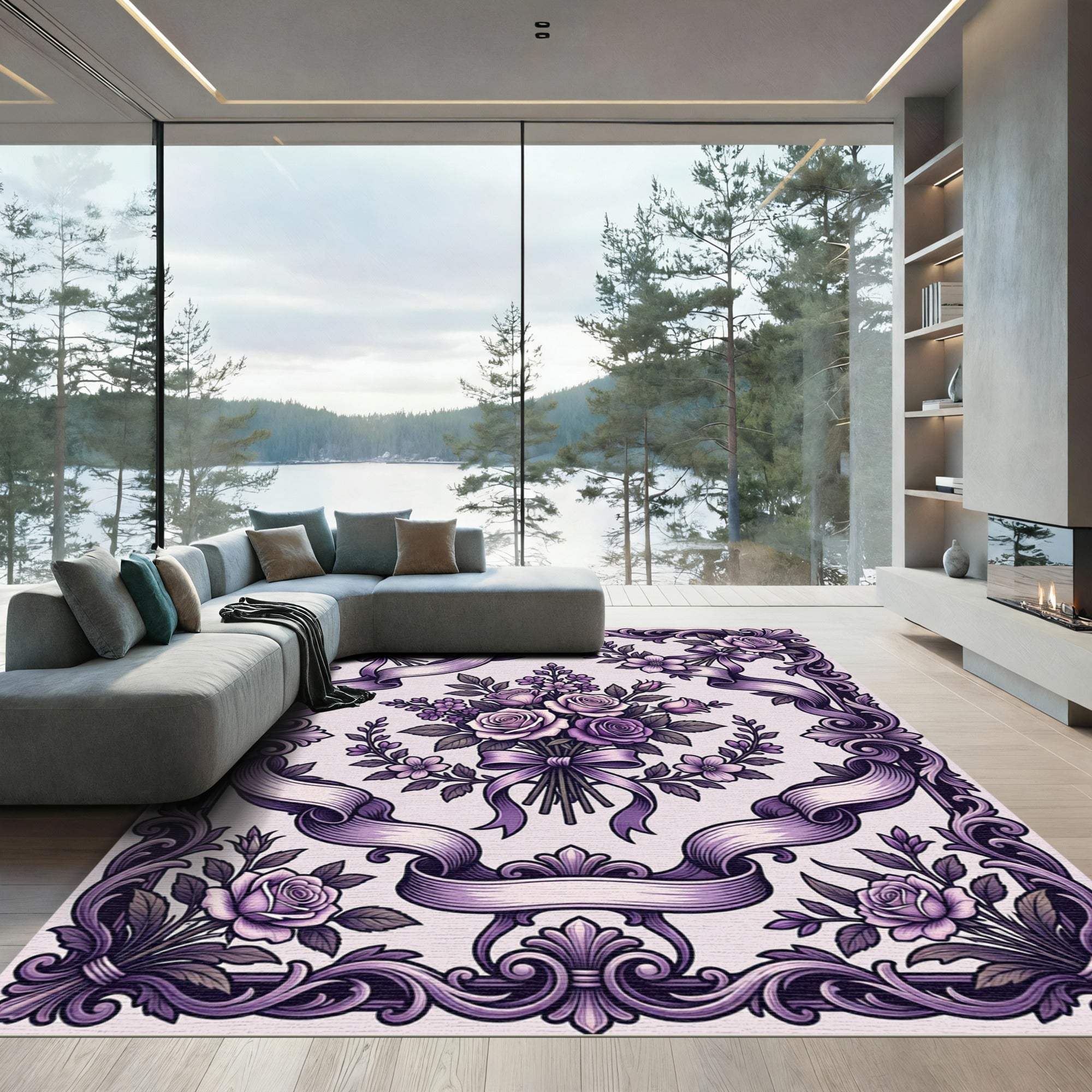 Vintage Purple Rose Bouquet Frame Rug