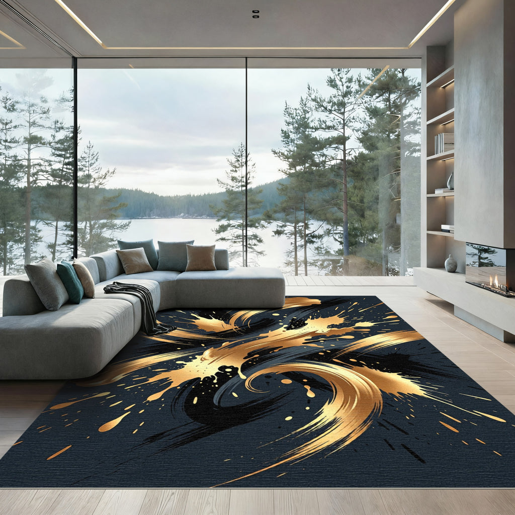 Abstract Gold and Black Swirl Art Rug