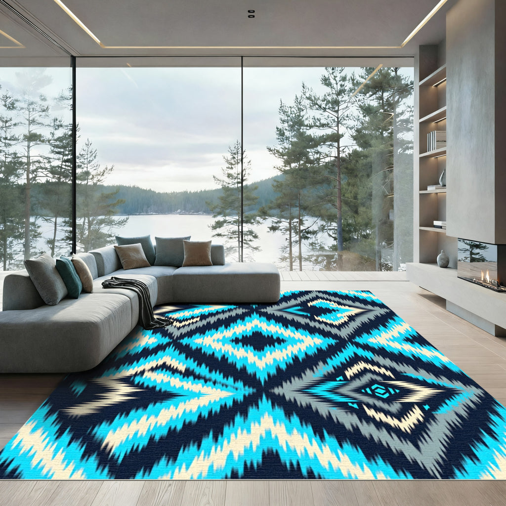Electric Blue Zigzag Diamond Geometric Rug