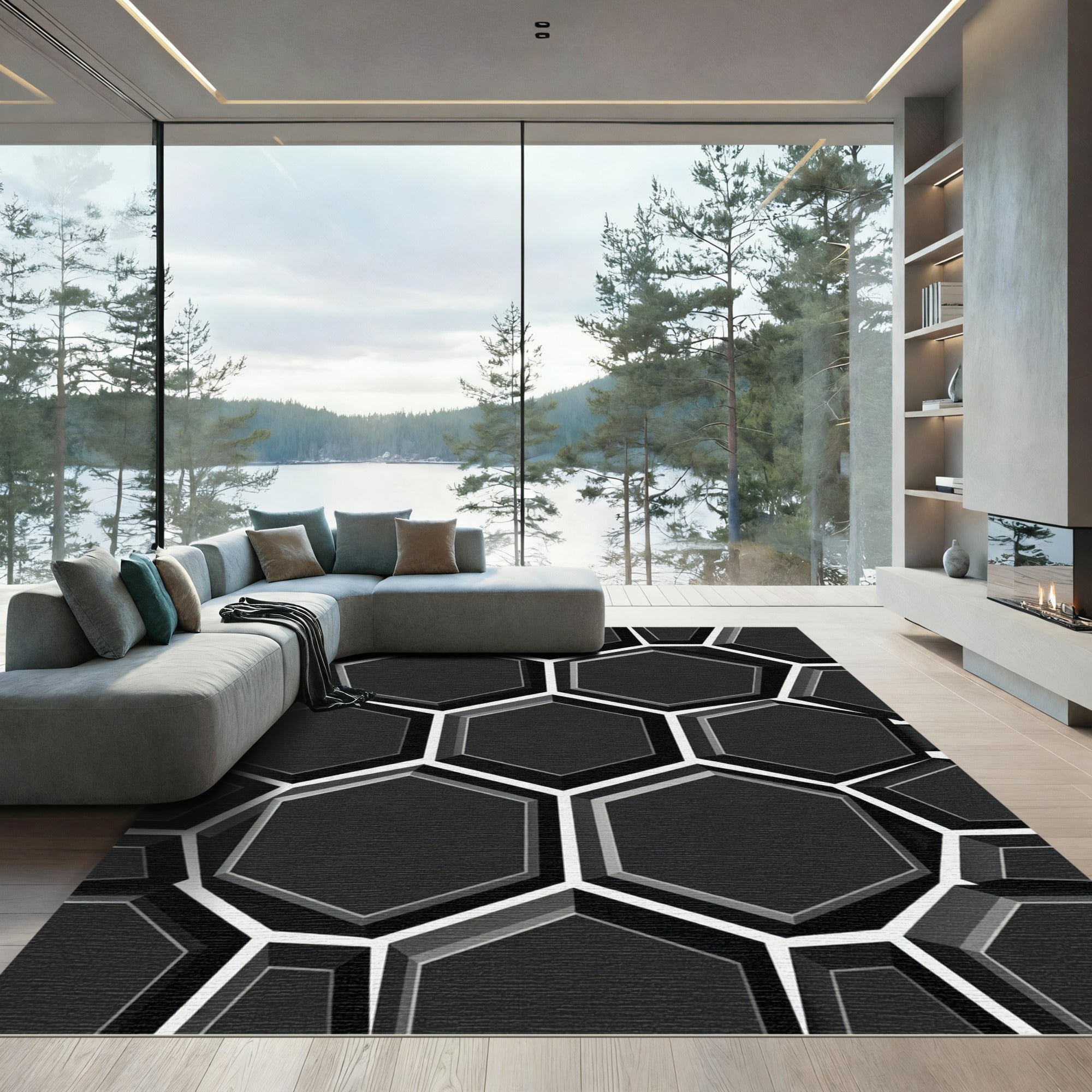 Monochrome Geometric Hexagon Relief Rug