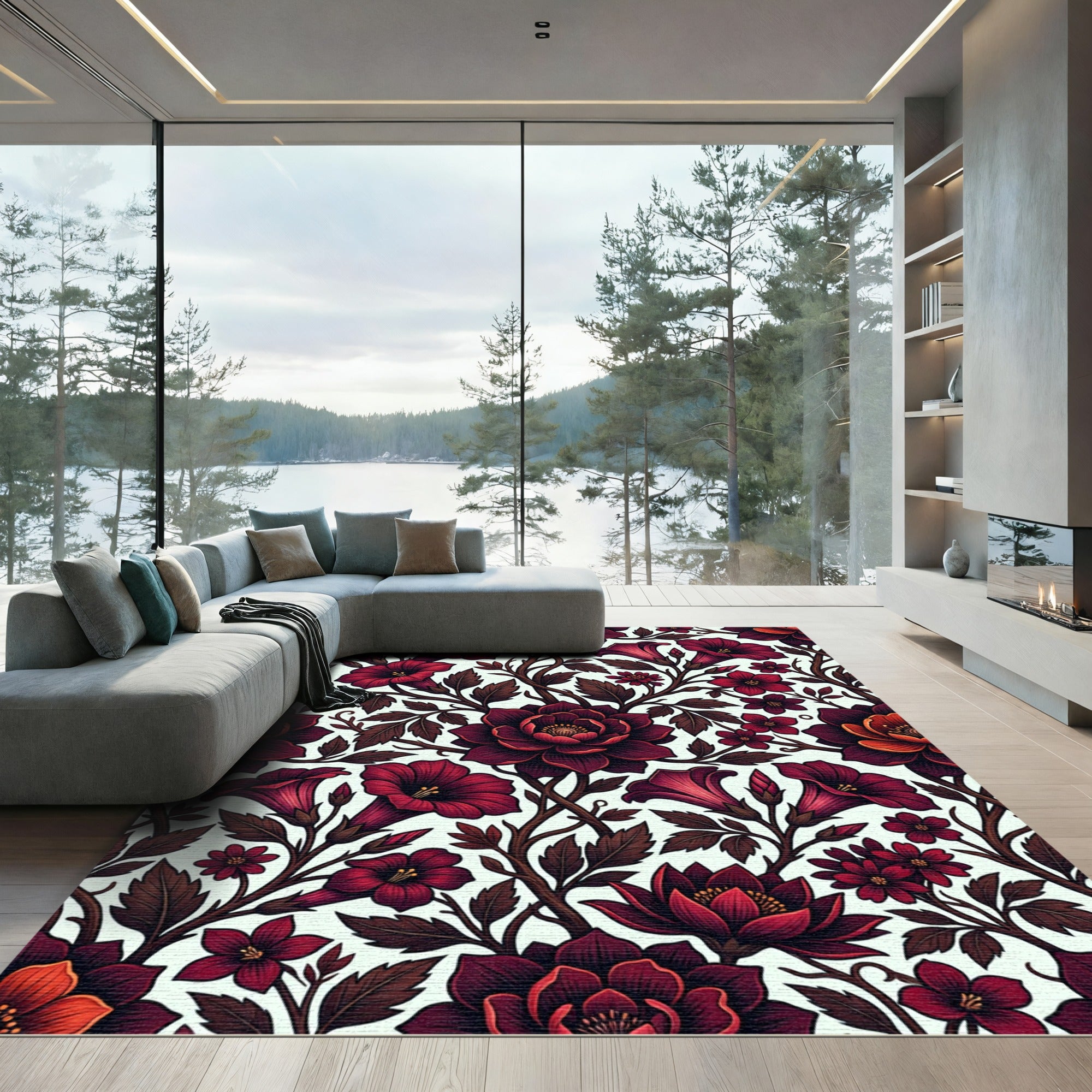 Deep Crimson Floral Botanical Arrangement Rug