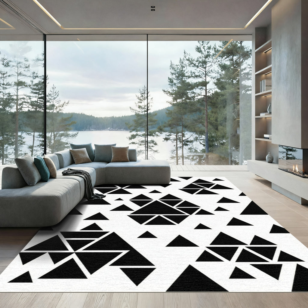 Minimalist Black and White Geometric Triangles Rug