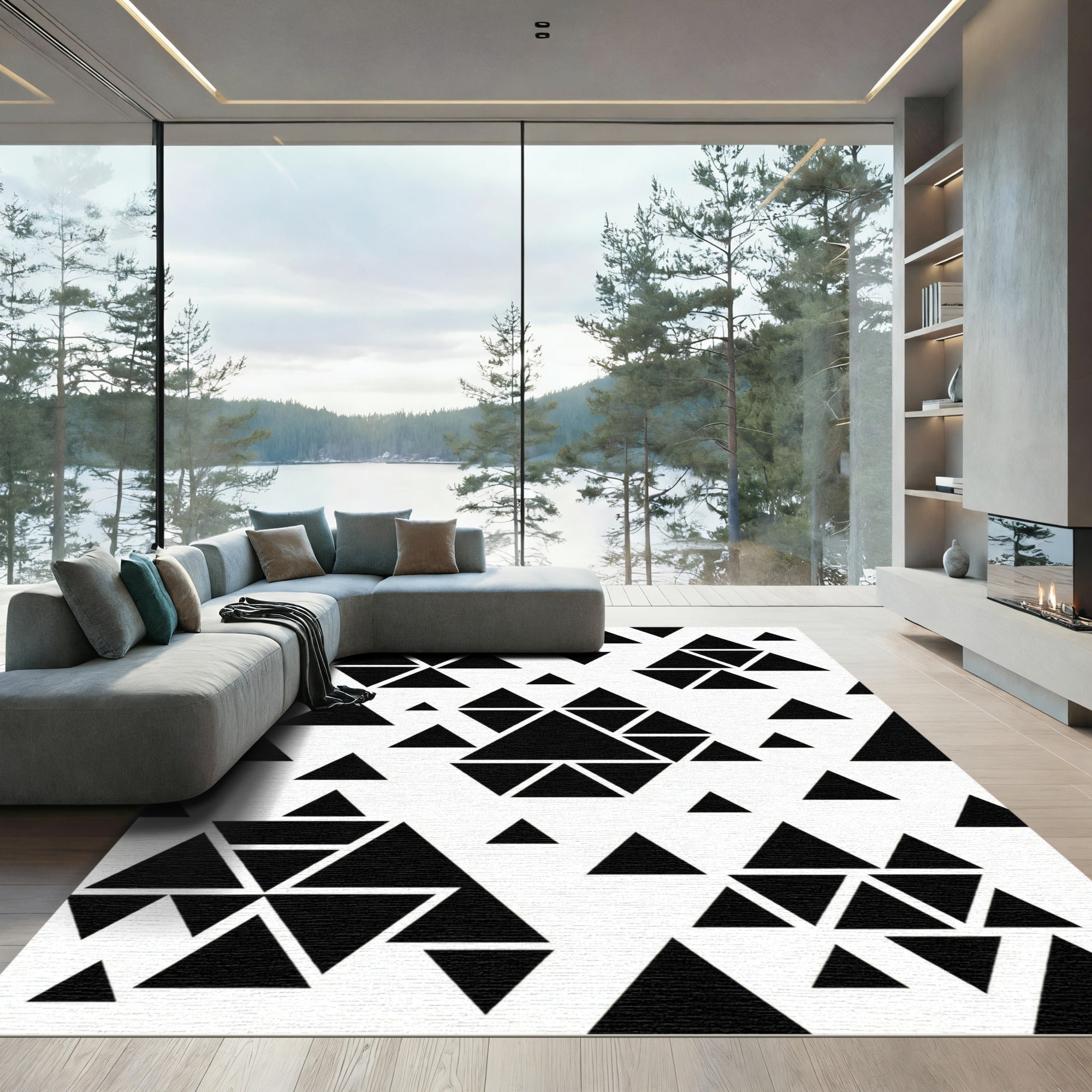 Minimalist Black and White Geometric Triangles Rug