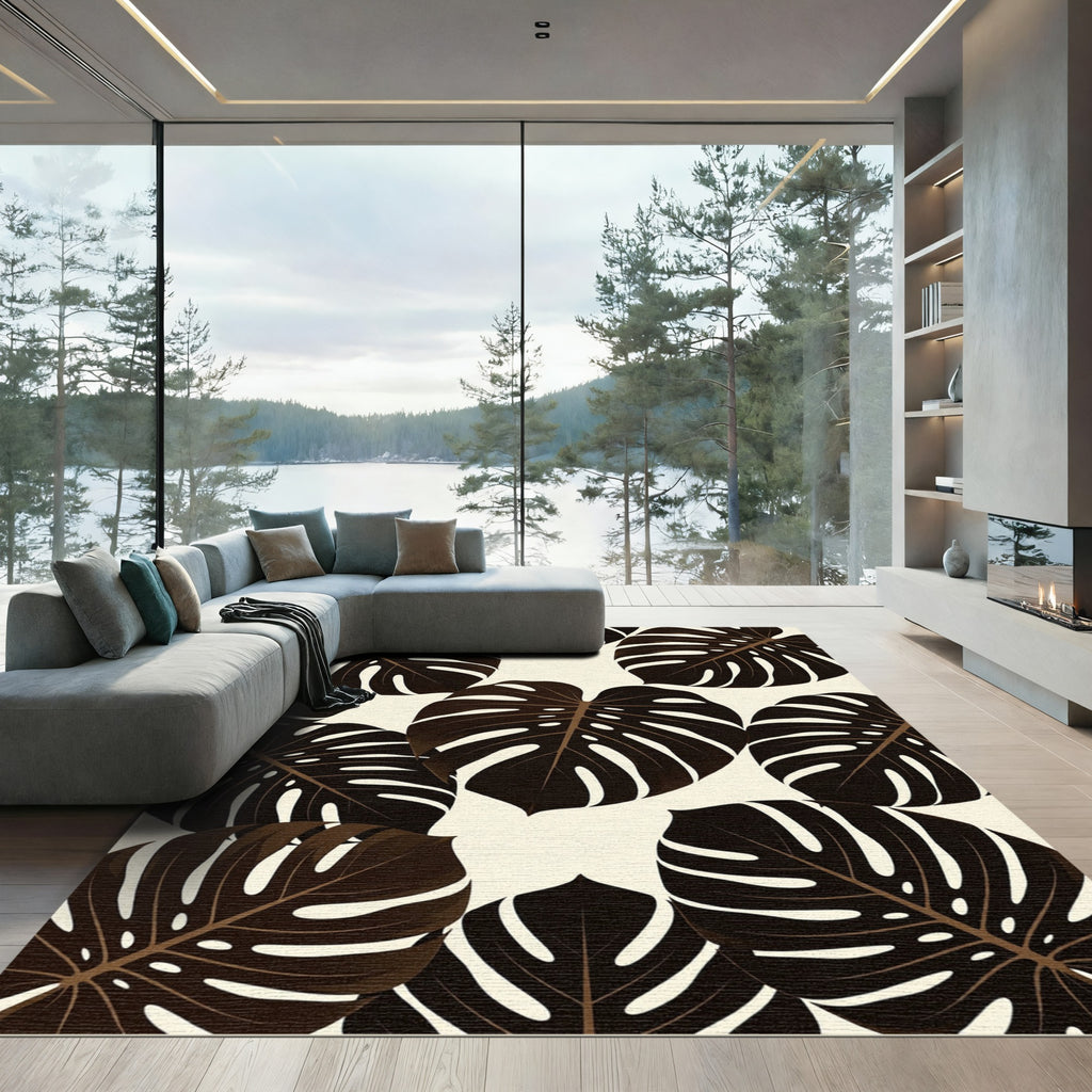 Deep Brown Monstera Tropical Leaf Rug