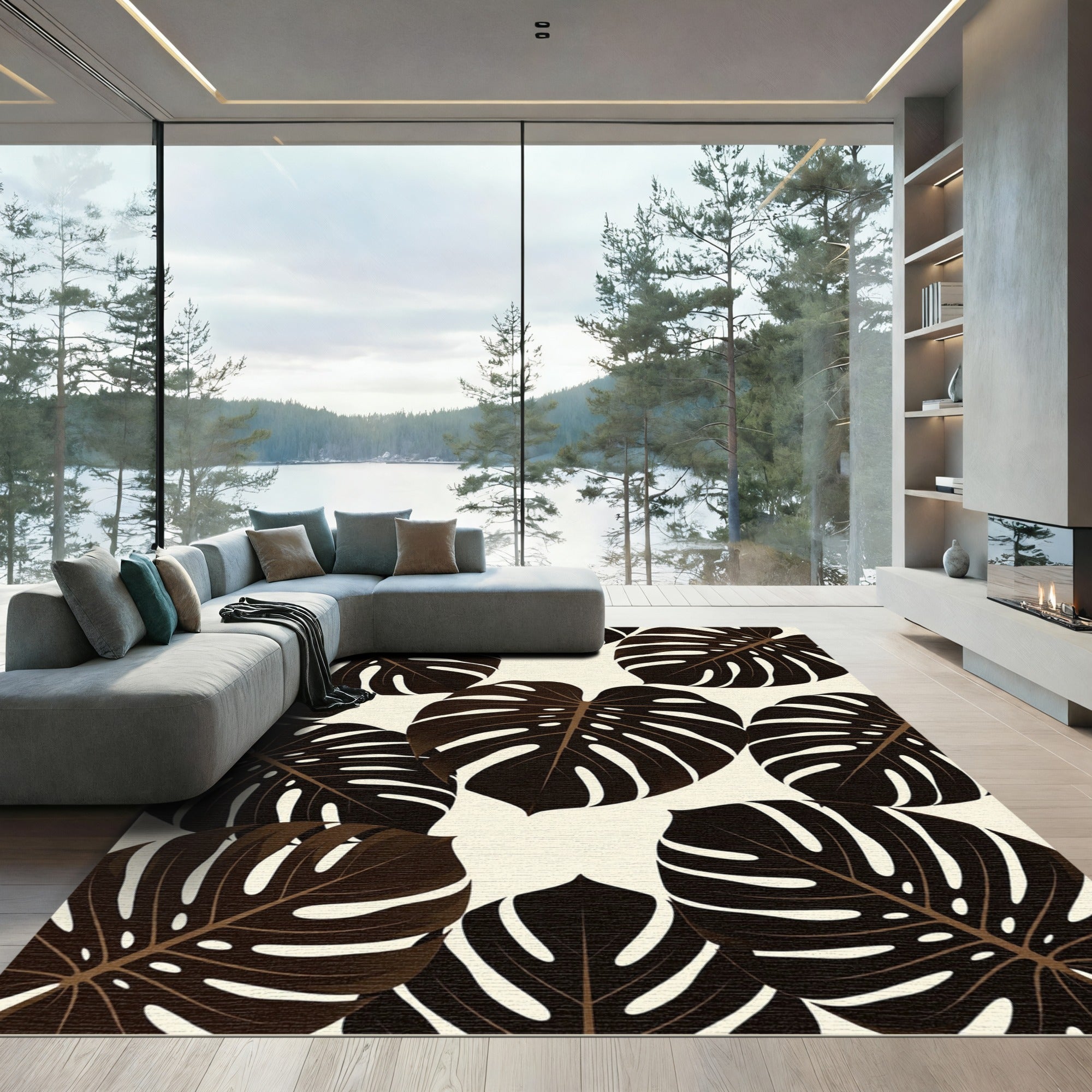 Deep Brown Monstera Tropical Leaf Rug