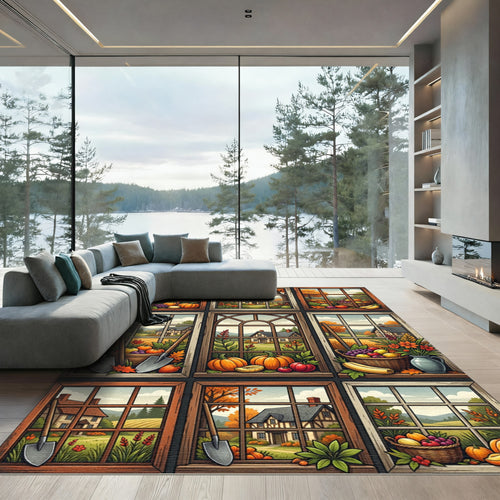 Autumn Harvest Window Landscape Grid Rug