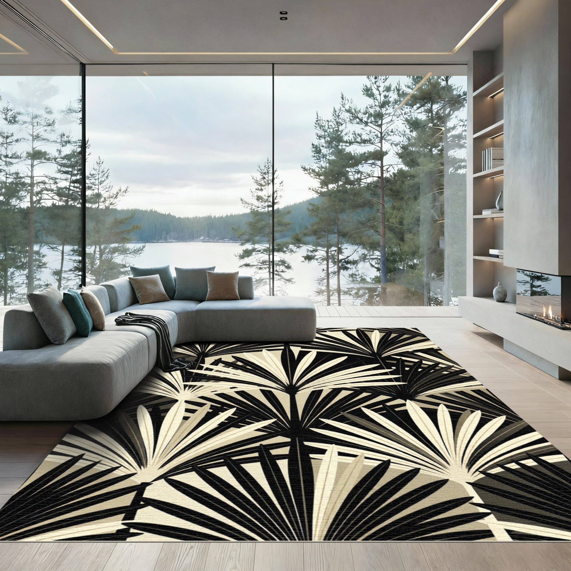 Art Deco Black Palm Frond Repeat Rug
