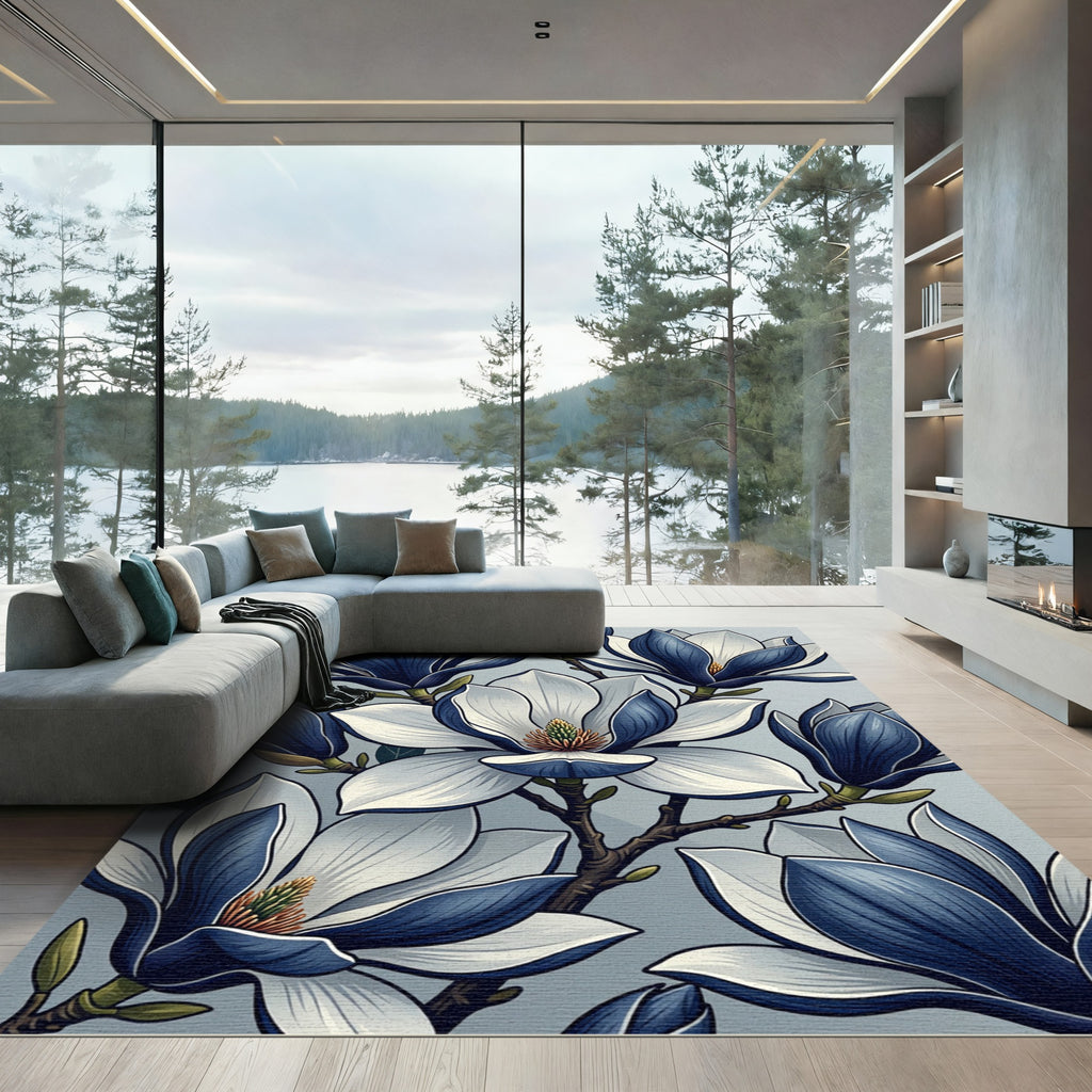 Elegant Indigo Magnolia Botanical Bloom Rug