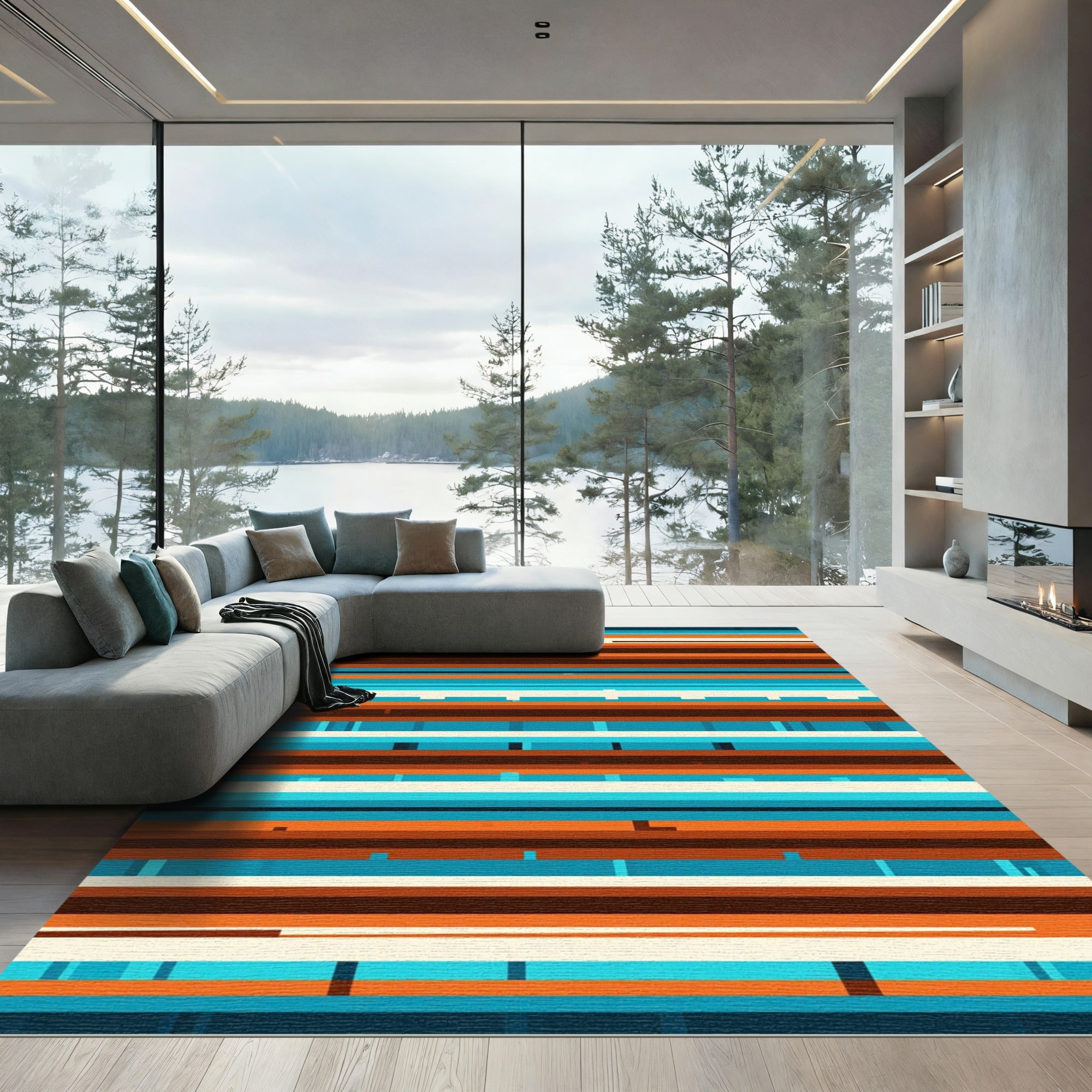 Vibrant Teal and Terracotta Linear Stripe Rug